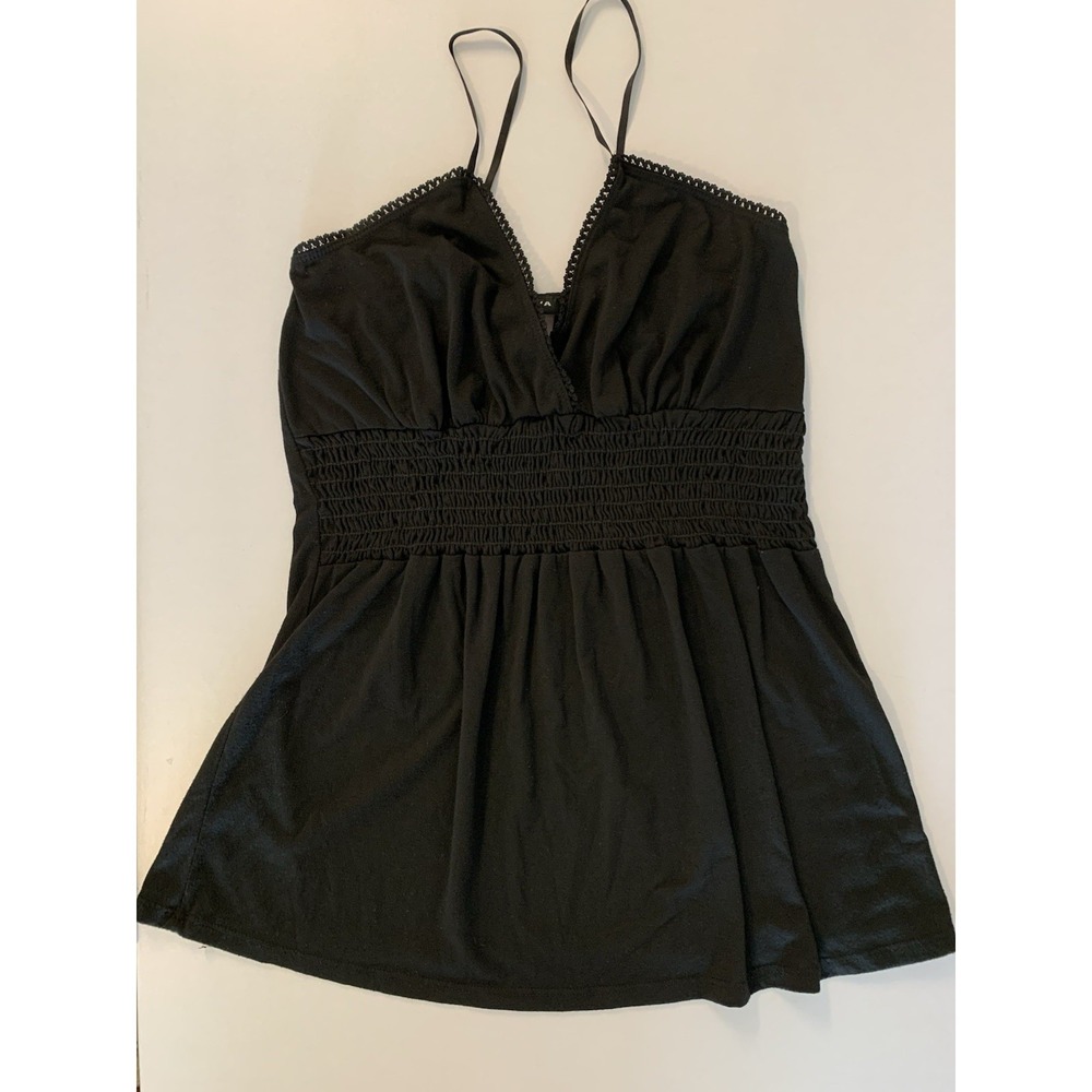 Vintage Y2K Babydoll Tank Top M Black Smocked Lace Trim Boho Chic Whimsigoth